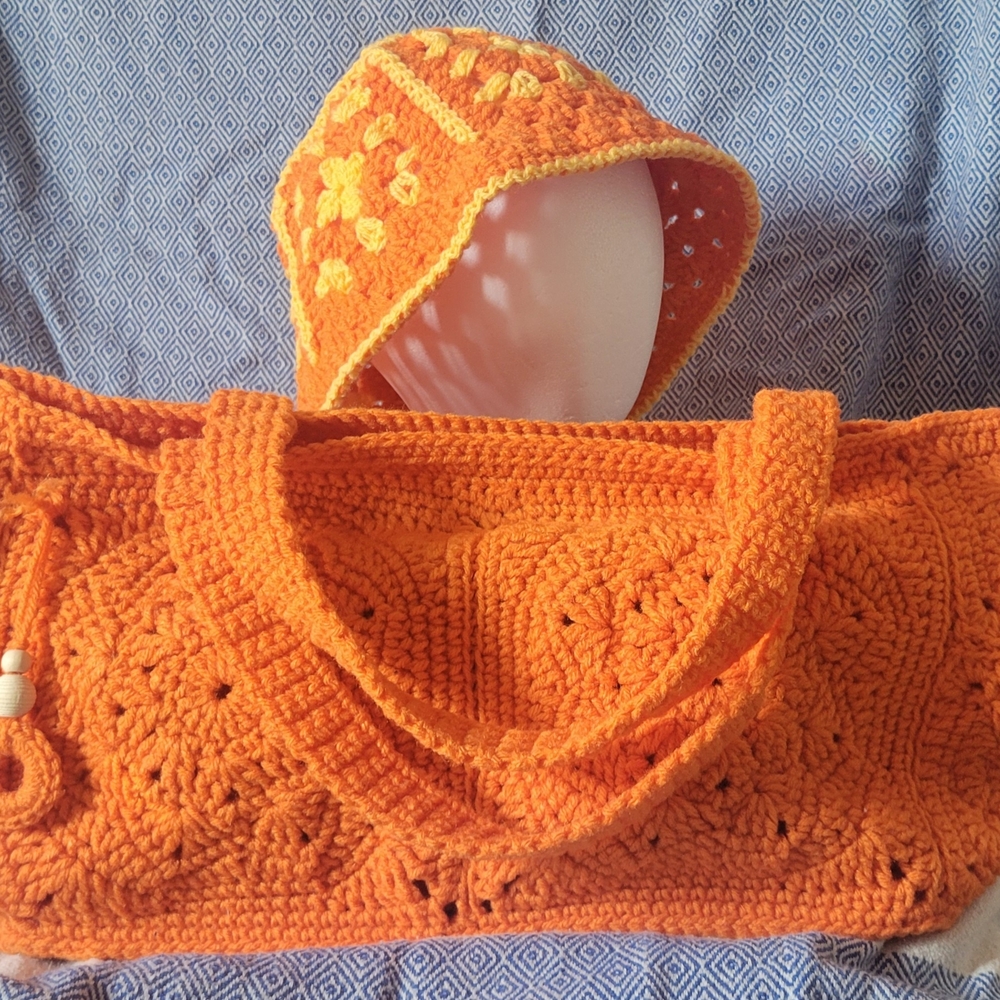 Vibrant Orange Crochet Kids Bag and Hat Set